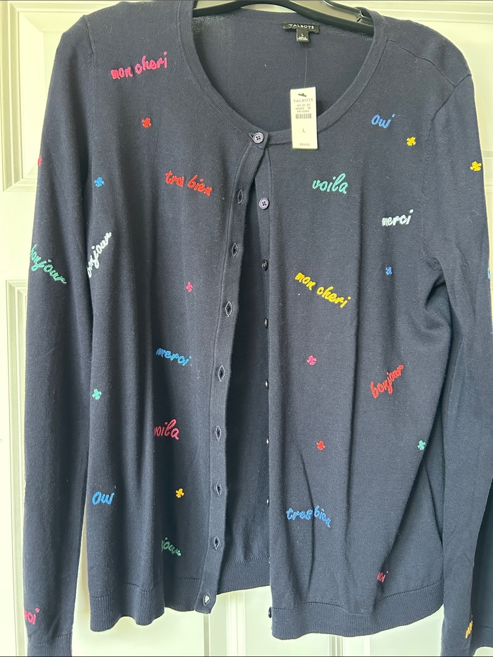 Talbots Navy Cardigan with Multicolor Embroidered French Words